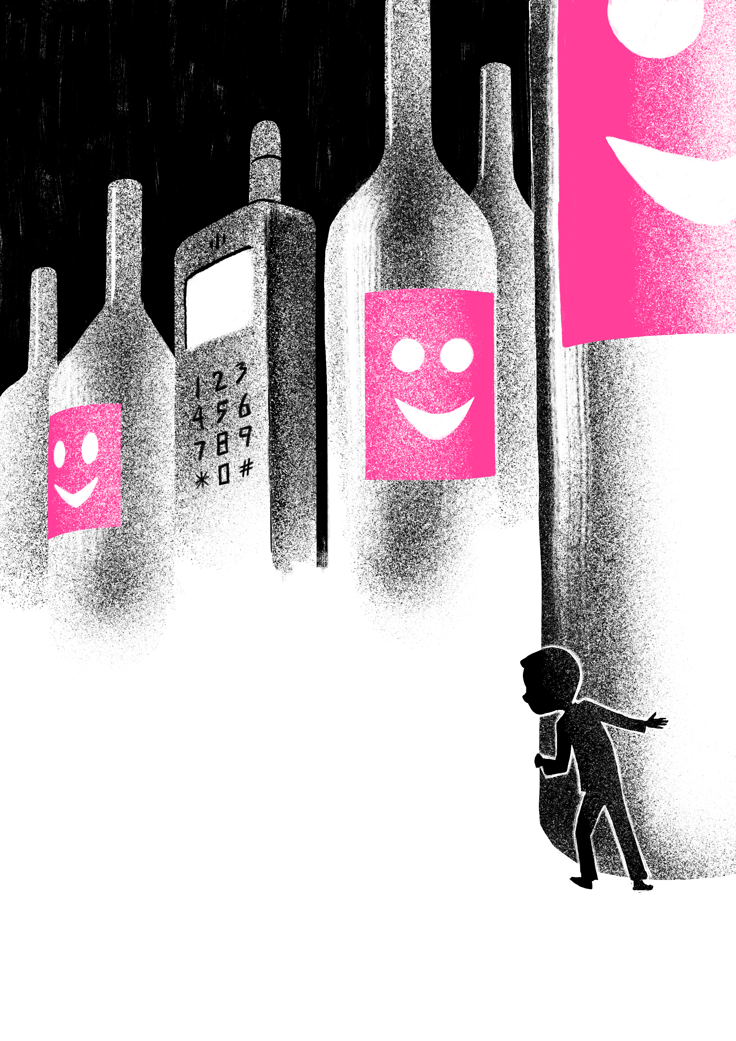 Levila ''Alkoholi lapsed'' Joonas Sildre illustratsioon suured pudelid